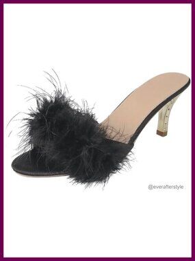 Faux Fur Feather Kitten Heel Slippers Lingerie Shoes Open Toe Slip On